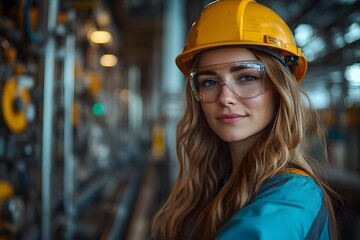 A portrait of an attractive female worker in uniform and safety helmet standing with her arms crossed at the production line, smiling at the camera. The background is an industrial factory interior wi