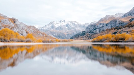 Fototapeta premium Serene autumnal lake nestled amidst majestic mountains. Tranquil reflections on the calm water mirror the vibrant fall foliage