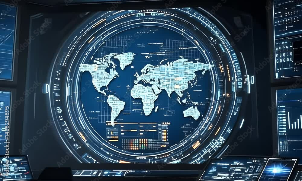 Poster a digital world map with various data points and charts overlaying it, indicating global cyber attac