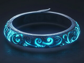 Futuristic enchanted bracelet infused with luminous blue runes appearing weightless in deep shadows Soft neon aura intricate carvings