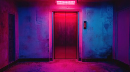 Obraz premium Neon-lit elevator in a dimly-lit corridor.