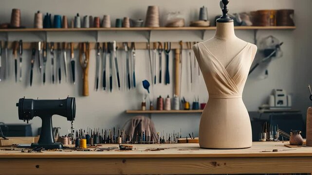 Professional dressmaker working on partially completed dress, displaying garment details on mannequin within organized workshop surrounded by specialized sewing tools and textile materials