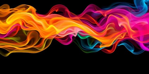 Abstract colorful smoke wave, vibrant hues swirling against a stark black background, wave, swirl