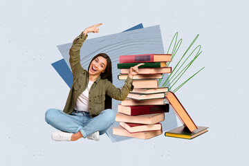 Creative pop poster sketch art collage of happy student girl guy do homework book stack education concept bookworm hobby reader