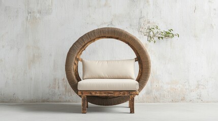 Round wooden chair, cream cushion