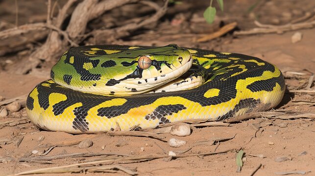 Green tree python coiled, desert ground, sunlit bush
