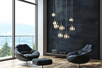 Modern Living Room with Panoramic View and Unique Pendant Lights