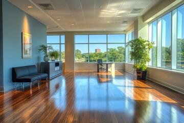 Modern office space with large windows offering city views.  Bright, spacious, and well-lit