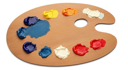 Traditional wooden artist's palette holding various colorful paint samples (dabs). Isolated against a white background (JPG). Art supplies tool for painting hobby.
