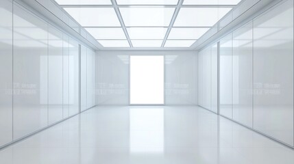 Modern, minimalist white interior with a large window.