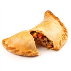 Halved savory turnover with filling on white background