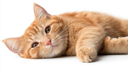 An adorable orange cat lies comfortably on a white surface, with its relaxed demeanor and playful gaze, capturing the essence of cozy companionship and feline charm.