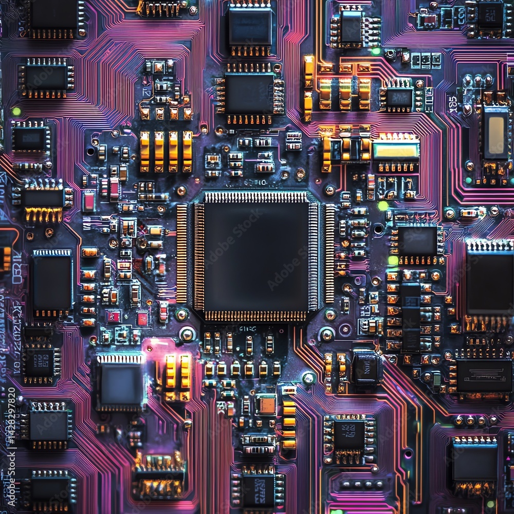 Poster exploring the intricate details of a colorful computer chip