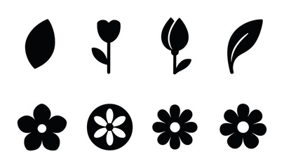 Fototapeta premium Nature and floral silhouette icon set – solid style garden, plant, and botanical symbols for eco design: leaf, tulip, bud, petal, blossom, foliage, bloom, flora.