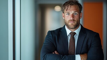A confident businessman stands with arms crossed in a sleek, modern office environment, projecting a serious and professional demeanor suited for corporate success.
