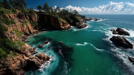 Fototapeta premium Coastal cliffs meet turquoise ocean waters.