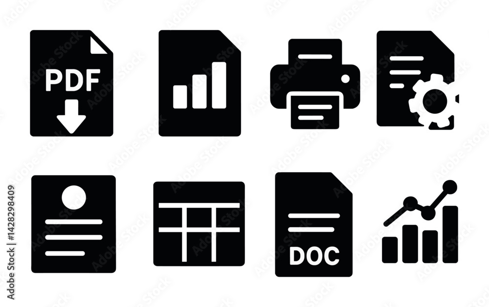 Poster document management solid icons set – silhouette style for office tasks and file organization: pdf, 