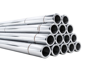 Shiny chrome metal pipes stacked industrial background 3d steel tubes on transparent background