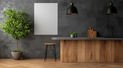 A stylish kitchen scene featuring a dark wall, sleek countertop, and a beautiful green plant, complemented by a prominent blank canvas ready for personalization or decoration.
