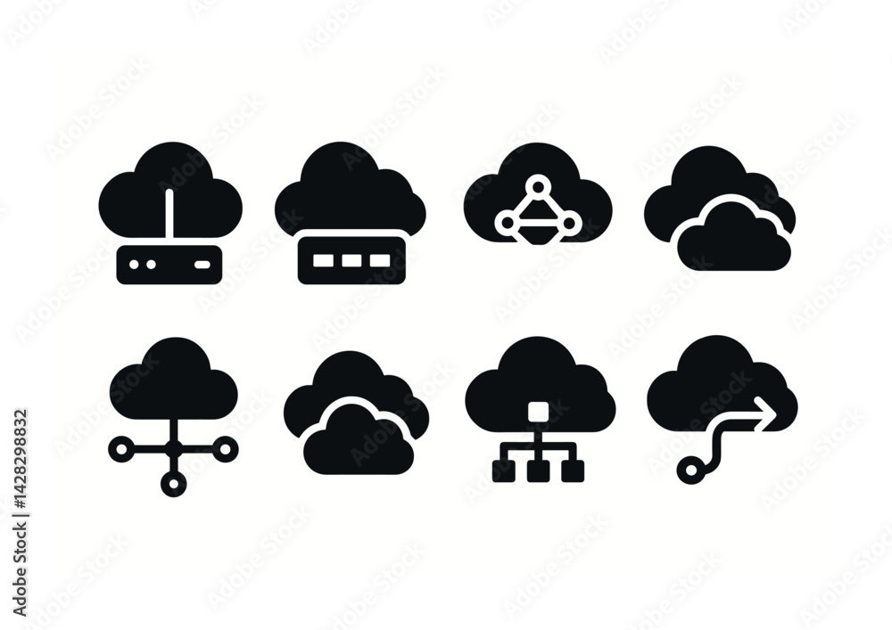 Aufkleber cloud computing solid icons set – filled style for network, data storage, and connectivity solutions