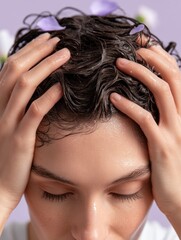 Naklejka premium Close-up view of a person with wet curly hair being massaged.