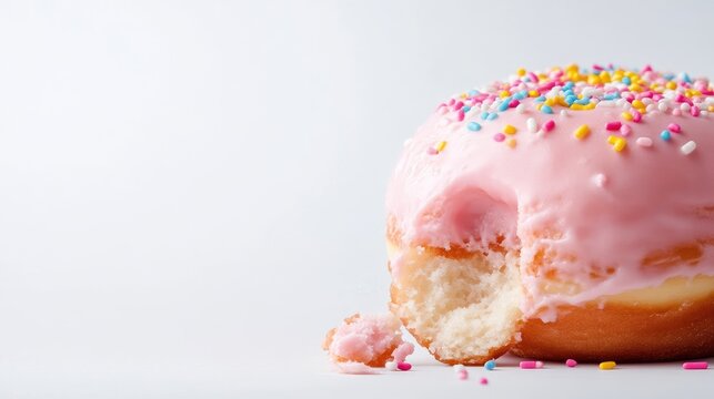 A pink frosted donut with colorful sprinkles on a white background, partially eaten with a bite taken out, close-up shot, and sweet treat concept.