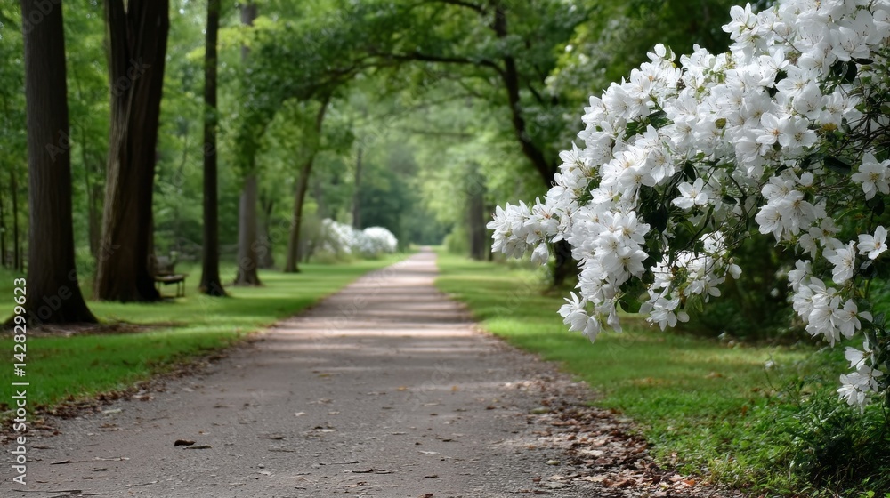 Poster beneath a canopy of green, a peaceful walkway invites visitors to relish the joys of spring as bloom