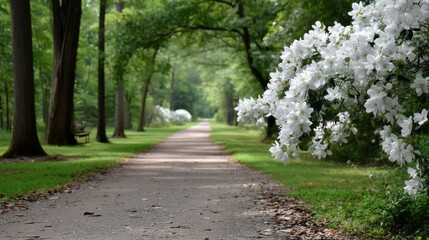 Beneath a canopy of green, a peaceful walkway invites visitors to relish the joys of spring as blooming trees line the path, creating a serene atmosphere perfect for leisurely exploration