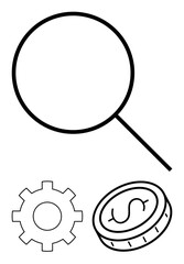Magnifying glass for research, gear symbolizing process optimization, and a coin denoting financial focus. Ideal for business analysis, finance, strategy, innovation, productivity, development