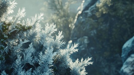 Frost-covered foliage glistens in a serene, misty landscape.