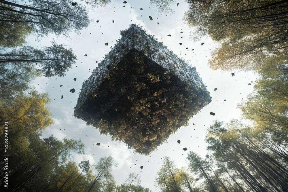 Poster a floating cube covered in greenery hovers above a dense forest on a clear day