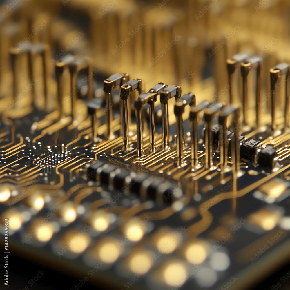 Poster exploring the intricate details of a circuit board with golden connections