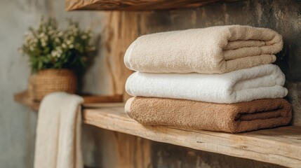 This image presents a stack of soft, warm-colored towels on a rustic wooden shelf, accentuated by natural decor to create a cozy and inviting atmosphere.