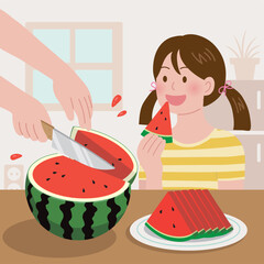 Vector Illustration of a girl who cuts watermelon and eats it in summer