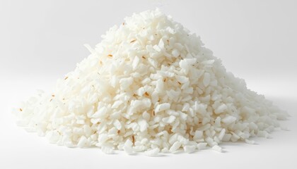 A large pile of fluffy, white coconut flakes, isolated on a pure white background, dessert, product shot