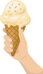 Illustration with hands holding melting ice cream against the background of the summer sky