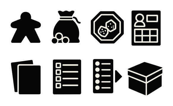 Board game solid icons set – filled style gaming, strategy, and leisure symbols for fun planning: meeple, bag of tokens, dice, player card, deck, rulebook, game box.