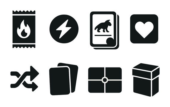Card game solid icons set &ndash; silhouette style for board games, strategy, and collectible cards: booster pack, energy symbol, creature card, heart icon, shuffle, card stack, card box.