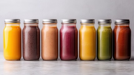 This image features a visually appealing lineup of healthy juices in bottles, showcasing the natural colors and textures, ideal for health-conscious consumers seeking fresh options.