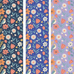 Bright floral romantic meadow wildflowers and stripe vector seamless pattern. Cottagecore Garden Flowers and Foliage Print in blue and white. Homestead Bouquet and Farmhouse Background print