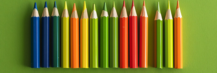 Row of sharp colored pencils arranged in rainbow spectrum order (blue, green, yellow, orange, red) standing upright against a solid green background. Art supplies concept.
