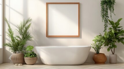 An elegantly designed bathroom featuring bright, neutral colors and abundant green plants, creating a peaceful and inviting space ideal for relaxation and self-care.