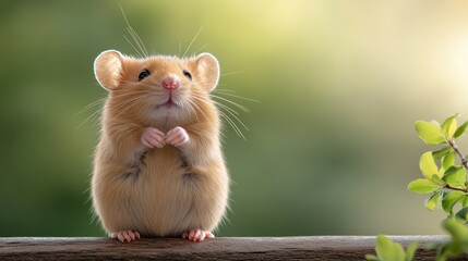 An adorable golden hamster stands on a wooden log amidst greenery, symbolizing the beauty of wildlife and the joy pets bring into our lives for stock photo purposes.
