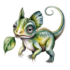 Obraz premium Colorful chameleon-like creature holding a leaf in its mouth captured in a whimsical forest setting during daytime