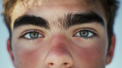 Fototapeta premium A close-up of a young man's face shows his blue eyes looking up with a focused vision