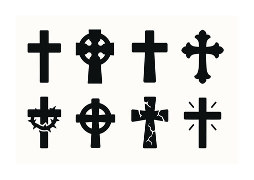 Christian cross silhouette icon set – filled style religious symbols for faith and spirituality: celtic cross, crucifix, inri, thorn crown, ornate cross, plain cross, broken cross, radiant cross.