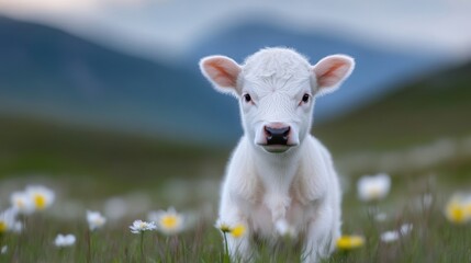 Fototapeta premium Adorable white calf in a meadow