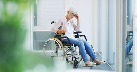 Old woman, thinking and stress in wheelchair, bad memory or grief with loss, frustrated and emotional in nursing home. Depression, regret and mourning senior person with disability, sad and lonely