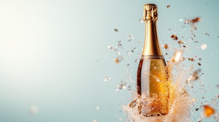 A dynamic image capturing a champagne bottle exploding with a splash, symbolizing celebration and joy, perfect for conveying a sense of excitement and festivity.