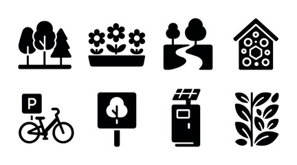 Urban gardening and green living solid icons set – filled style eco-friendly, sustainability, and landscaping symbols for environmental design: tree, flowers, park, garden, cycle path, solar panel,